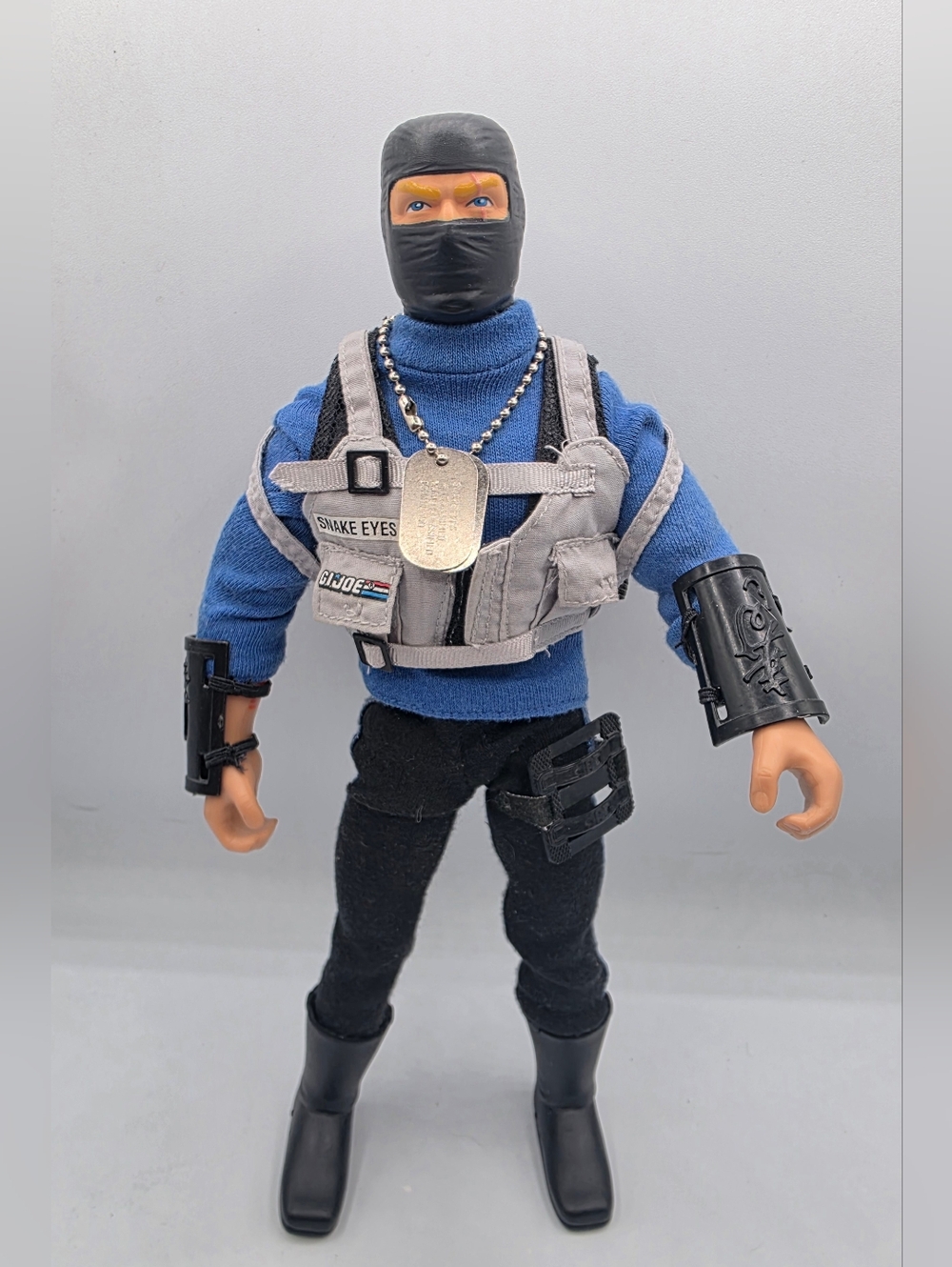 Vintage 1992 GI Joe Snake Eyes 12 Inch Action Figure - Blue Sweater, Gray Vest